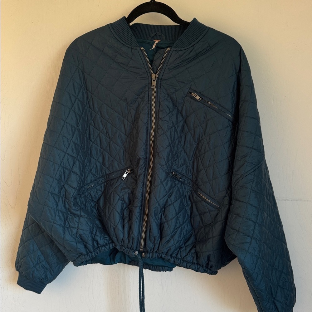 Free People Quilted Puffer Jacket Womens Size Large Teal Blue Drawstring - Picture 2 of 4